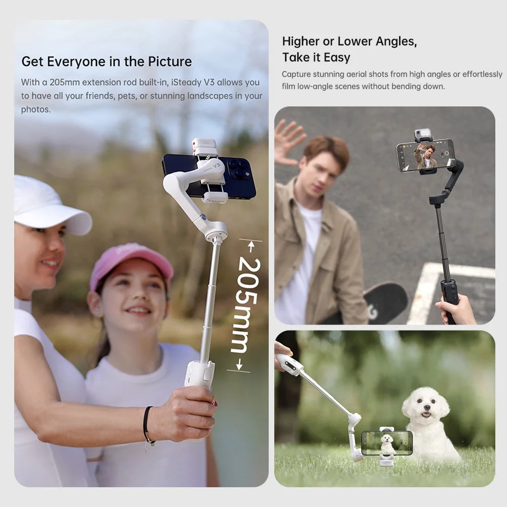 Isteady V3 Gimbal Stabilizer for Smartphone, Phone Gimbal with Magnetic AI Tracker, Built-In Extension Rod, Tripod, Fill Light, Phone Stabilizer for Video Recording, Youtube, White