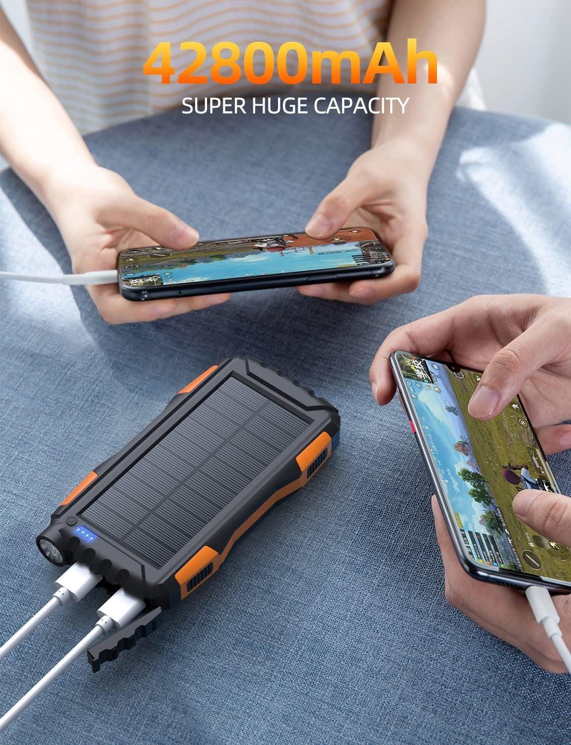 Power-Bank-Solar-Charger - 42800Mah Portable Charger,Solar Power Bank,External Battery Pack 5V3.1A Qc 3.0 Fast Charger Built-In Super Bright Flashlight (Orange)