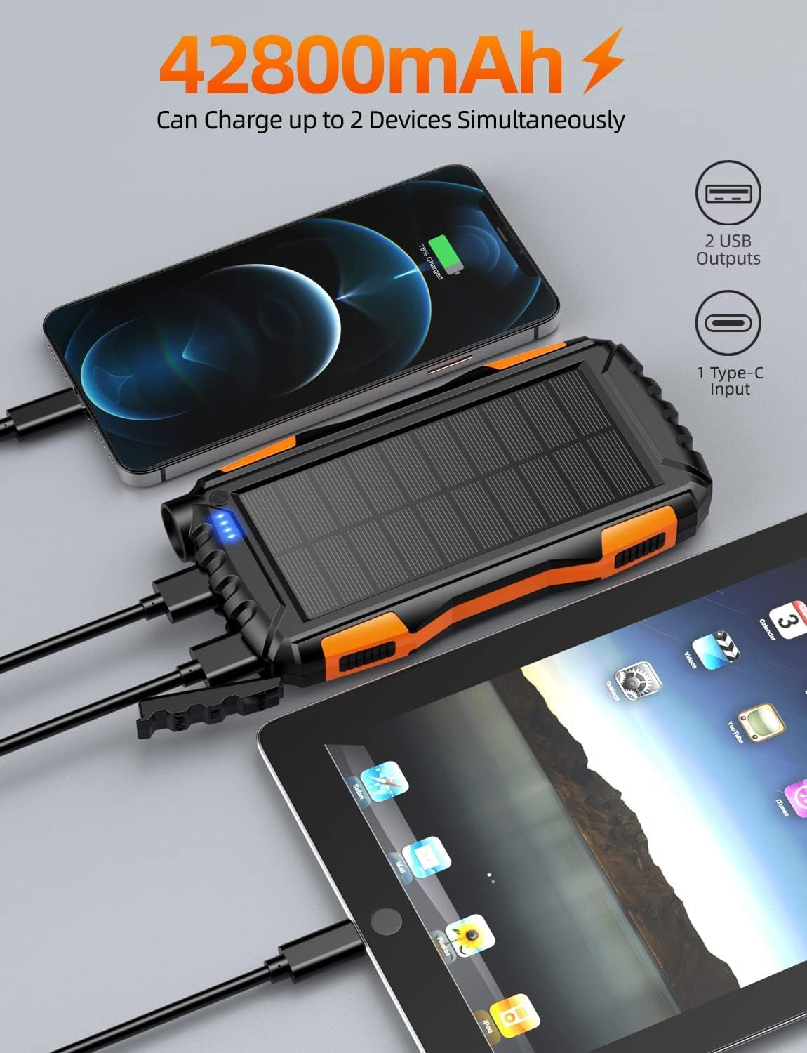 Power-Bank-Solar-Charger - 42800Mah Portable Charger,Solar Power Bank,External Battery Pack 5V3.1A Qc 3.0 Fast Charger Built-In Super Bright Flashlight (Orange)