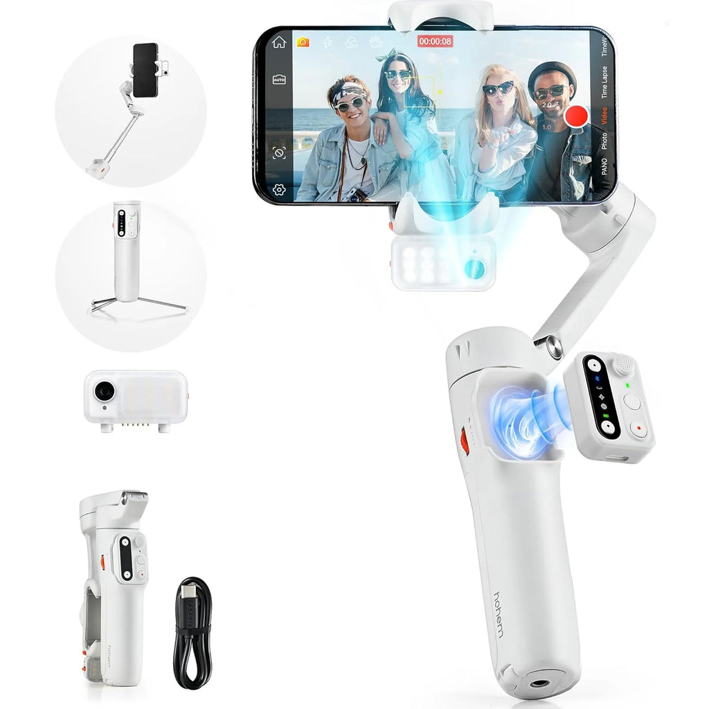 Isteady V3 Gimbal Stabilizer for Smartphone, Phone Gimbal with Magnetic AI Tracker, Built-In Extension Rod, Tripod, Fill Light, Phone Stabilizer for Video Recording, Youtube, White