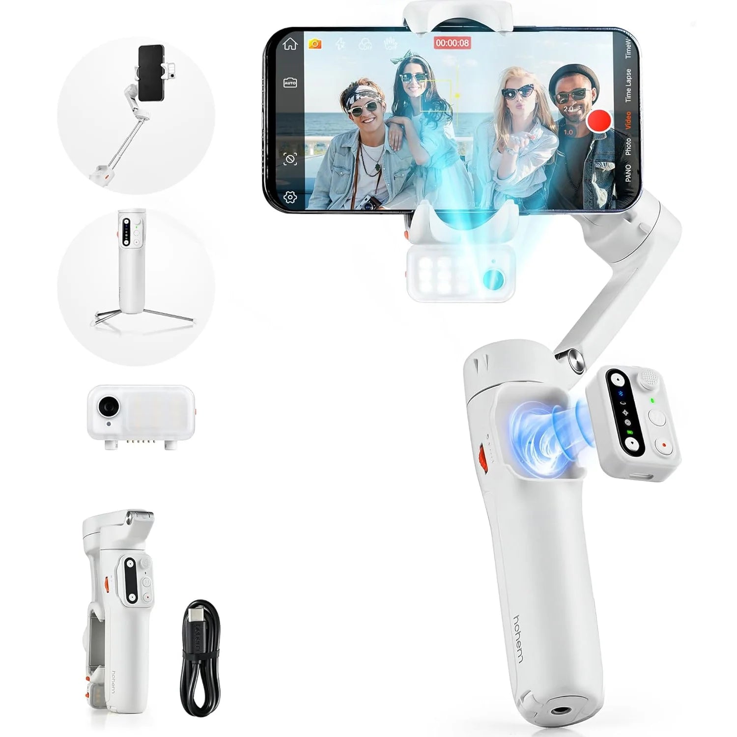Isteady V3 Gimbal Stabilizer for Smartphone, Phone Gimbal with Magnetic AI Tracker, Built-In Extension Rod, Tripod, Fill Light, Phone Stabilizer for Video Recording, Youtube, White