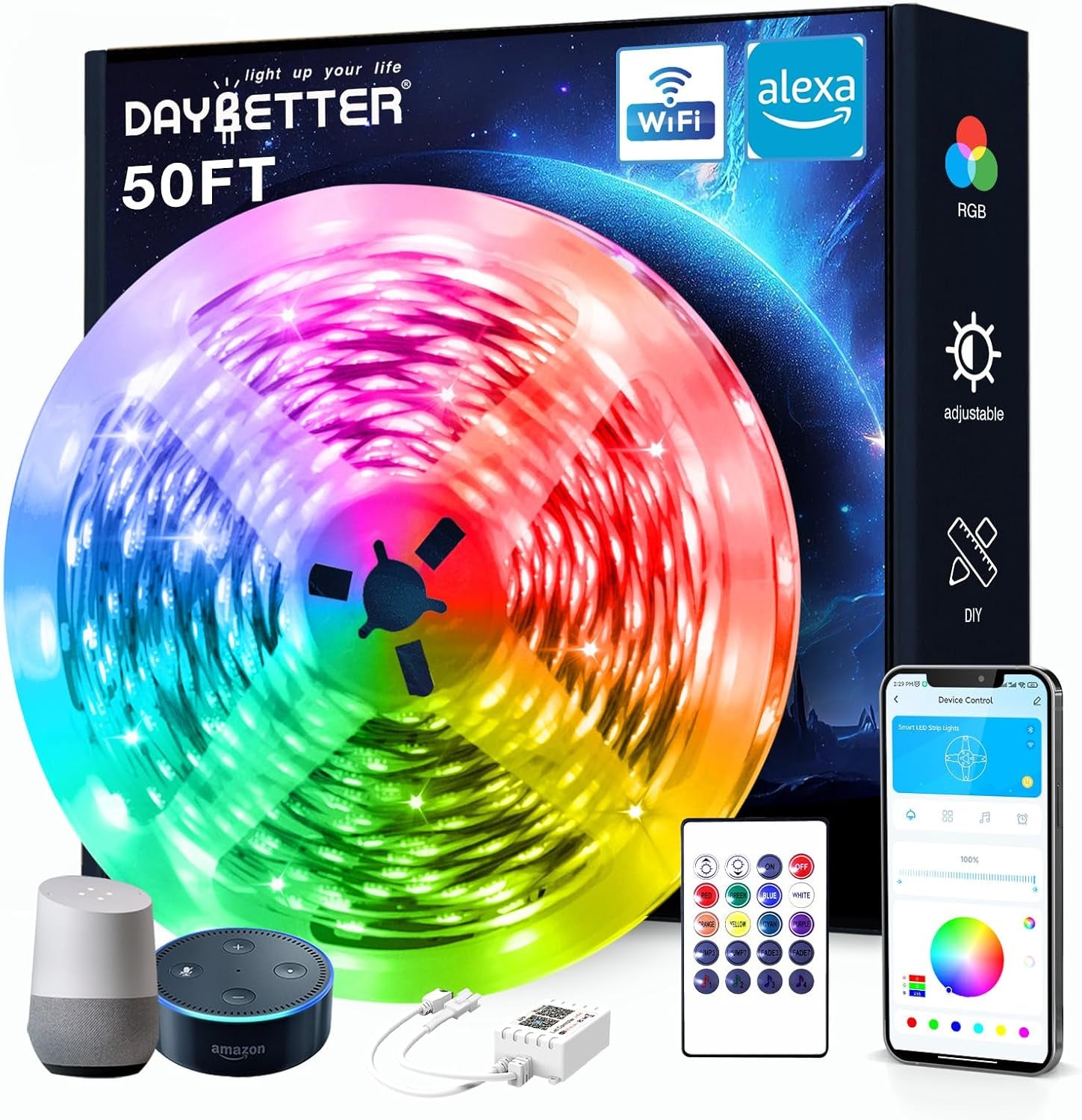 Illuminate Your Home with 50 FT Smart RGB LED Strip Lights - Voice Control with Alexa & Google Assistant, Music Sync for Ultimate Bedroom Vibes!
