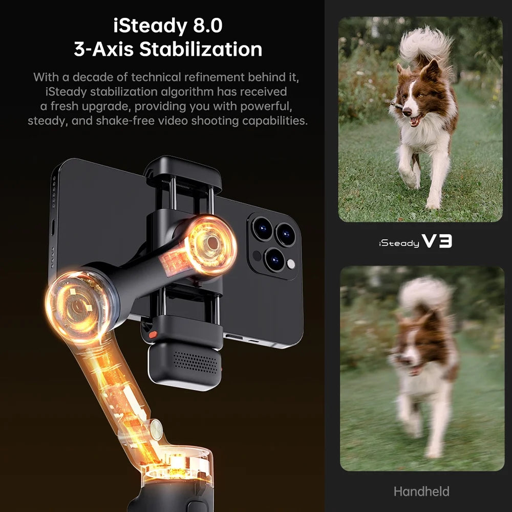 Isteady V3 Gimbal Stabilizer for Smartphone, Phone Gimbal with Magnetic AI Tracker, Built-In Extension Rod, Tripod, Fill Light, Phone Stabilizer for Video Recording, Youtube, White