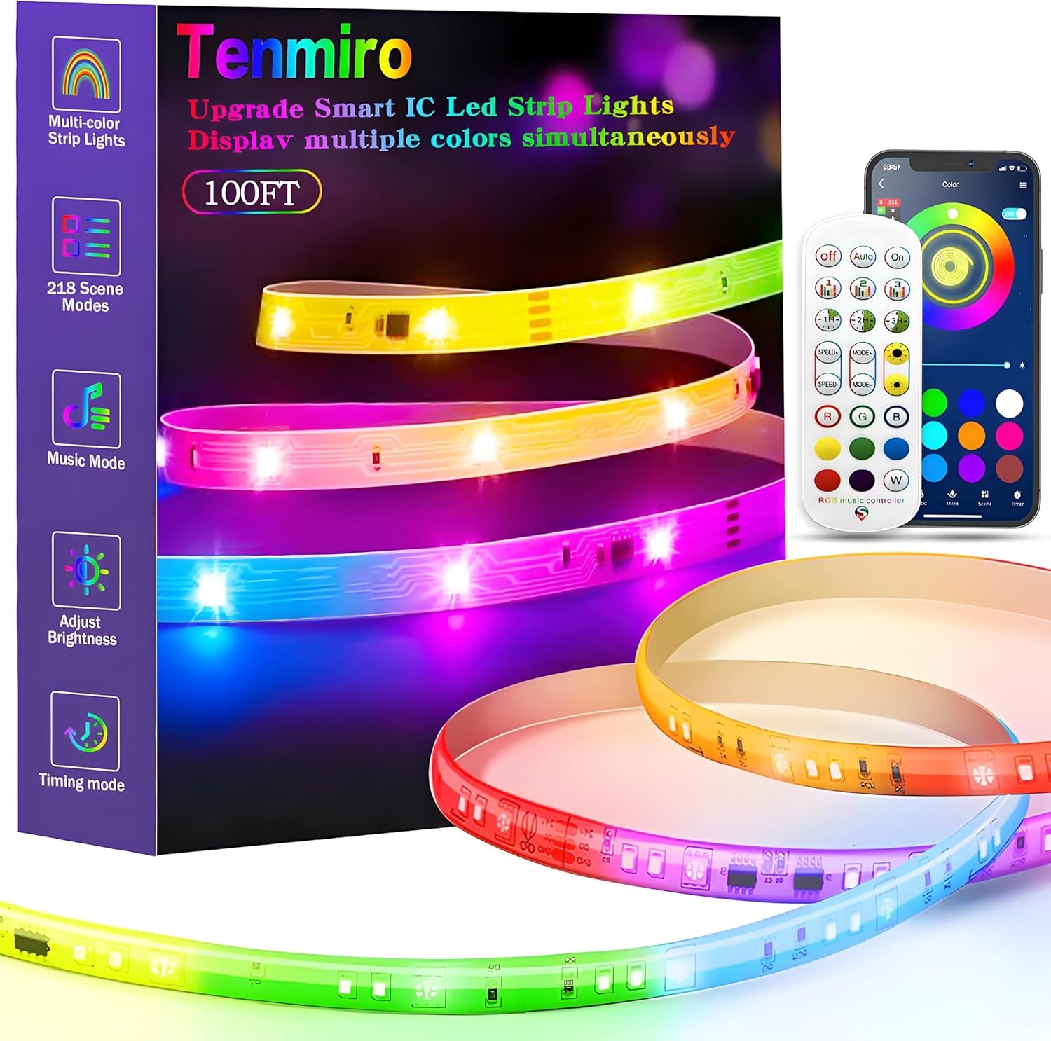 100Ft Smart LED Strip Lights - Color Changing, Music Sync, Bluetooth Control for Bedroom & Party Decor